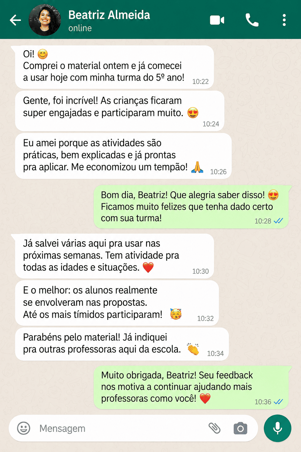 Conversa de WhatsApp com a professora Beatriz Almeida