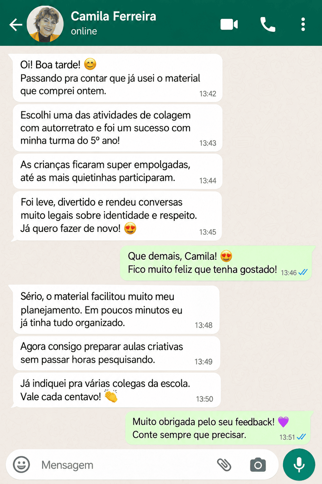 Conversa de WhatsApp com a professora Camila Ferreira