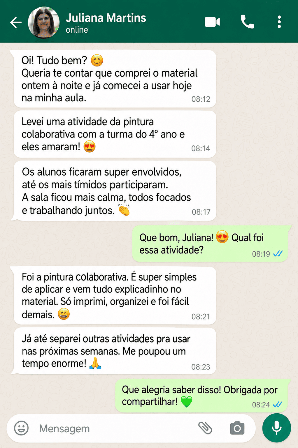 Conversa de WhatsApp com a professora Juliana Martins