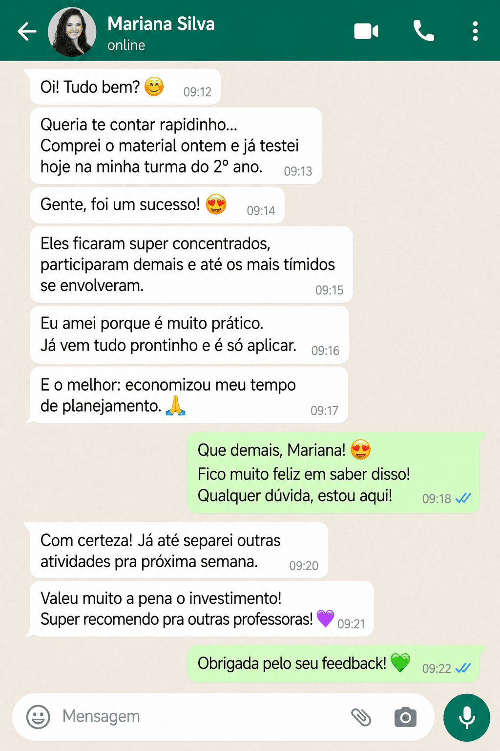 Conversa de WhatsApp com a professora Mariana Silva